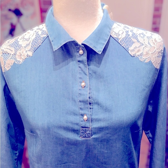 🆕 SCUSI - Denim-look Tunic - Lace Shoulders - Size M 🌺🌺🌺 - Picture 3 of 15